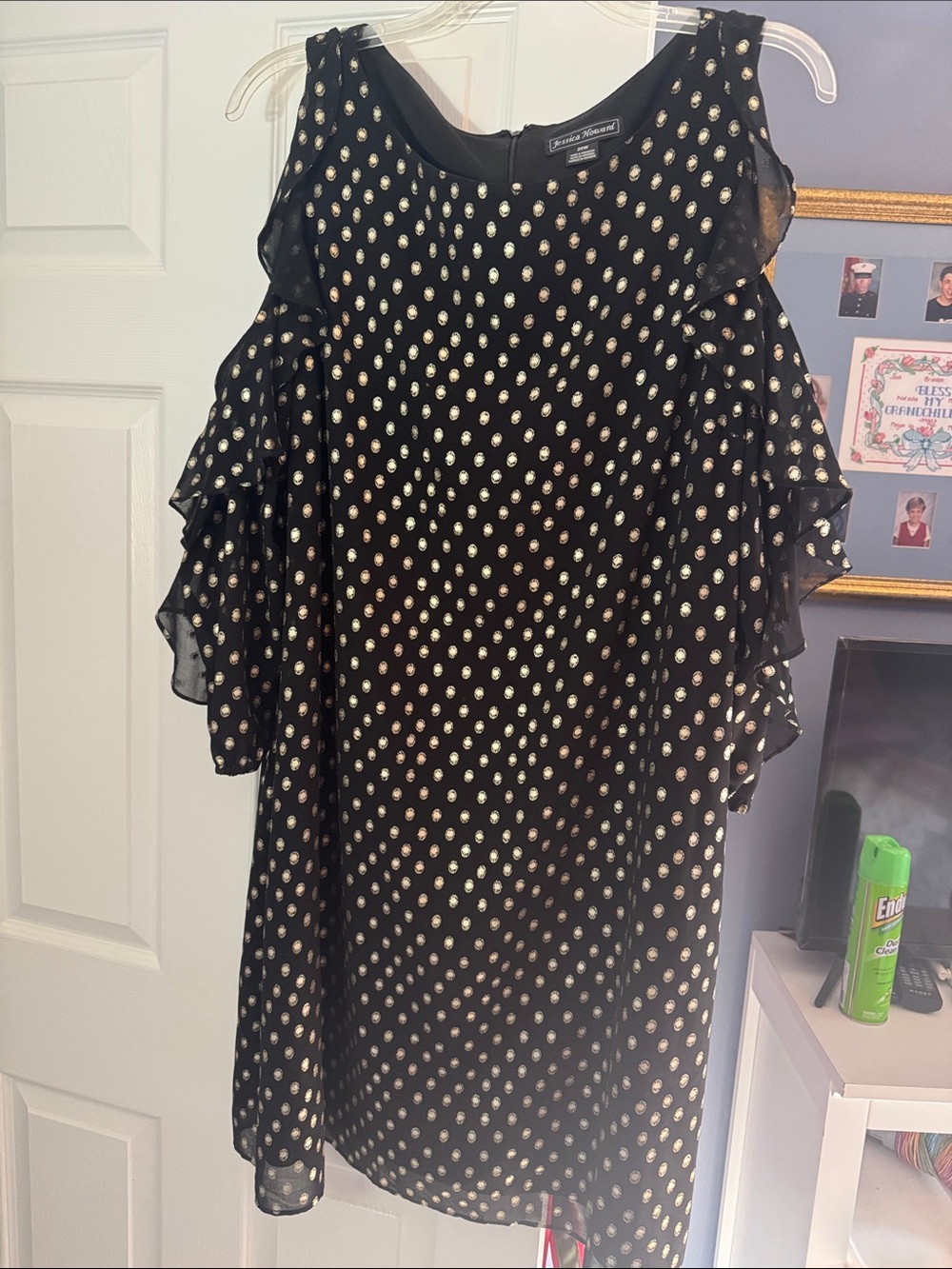 Jessica Howard Cold Shoulder Black Midi Dress with Gold Dot Print